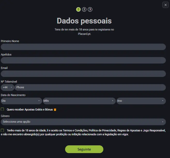 Registo no Casino PLACARD PT